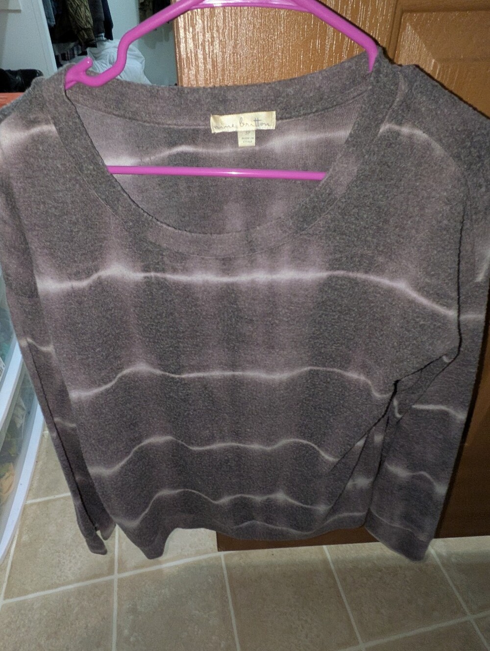 Joan Vass Gray-Brown Striped Lightweight Crewneck Sweater